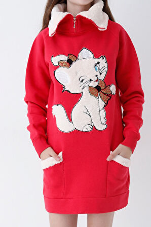 Genç Kız Kırmızı Kedi Baskılı Fermuarlı  Kapüşonlu Pamuklu Sweatshirt