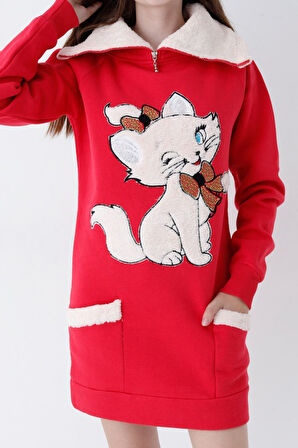 Genç Kız Kırmızı Kedi Baskılı Fermuarlı  Kapüşonlu Pamuklu Sweatshirt