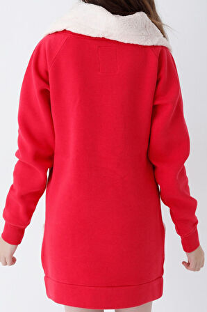 Genç Kız Kırmızı Kedi Baskılı Fermuarlı  Kapüşonlu Pamuklu Sweatshirt