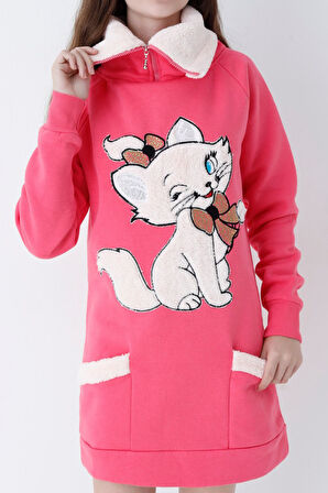 Genç Kız Kırmızı Kedi Baskılı Fermuarlı  Kapüşonlu Pamuklu Sweatshirt