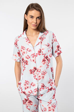 Türen Kadın Desenli Kısa Kol Dokuma Pijama Takımı 3604/Mavi