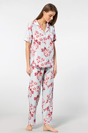 Türen Kadın Desenli Kısa Kol Dokuma Pijama Takımı 3604/Mavi