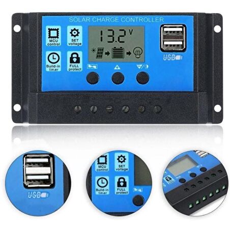 Solar Akü Şarj Kontrol Cihazı 30A Güneş Enerjisi USB Çıkışlı