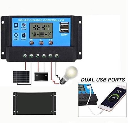Solar Akü Şarj Kontrol Cihazı 30A Güneş Enerjisi USB Çıkışlı