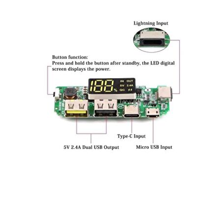 Çift USB 5V 2.4A Ledli Micro Type-C Powerbank Modülü
