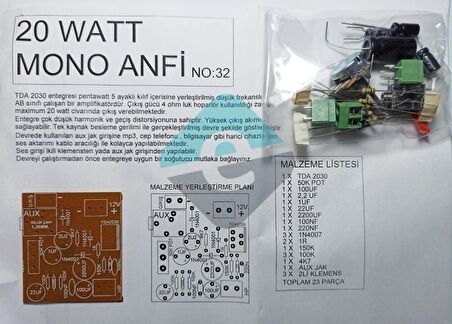 TDA2030 20W Mono Anfi AUX Çıkışlı Demonte Kit Kendin Yap