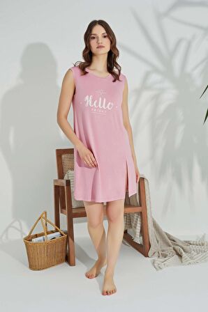 Kadın Bisiklet Yaka Viskon Yırtmaç Detaylı Mini Gecelik Elbise