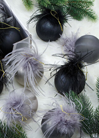 Yılbaşı Topu Tüylü Desenli Siyah 8cm