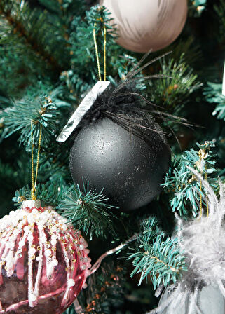 Yılbaşı Topu Tüylü Desenli Siyah 8cm