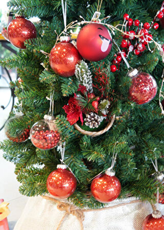 Boncuklu Şeffaf Kırmızı Yılbaşı Süsü 8 cm