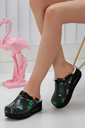 Ortopedik Sabo Terlik Doktor Hemşire Hastane Aşçı Terliği Kadın Kaktüs Desenli