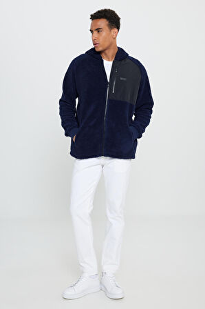 Erkek Lacivert Oversize Bol Kesim Kapüşonlu Sherpa Polar Sweatshirt Ceket