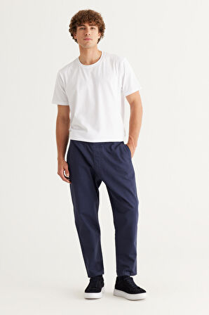 Erkek Lacivert Slim Fit Dar Kesim Beli Bağlamalı %100 Pamuk Pantolon
