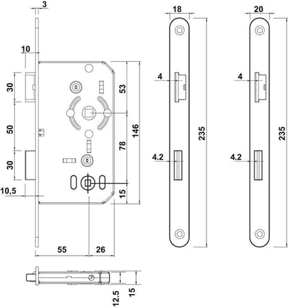 Häfele Metal Dilli Gömme Kapı Kilidi, HÄFELE H55.02, WC (Banyo Tip) - Paslanmaz çelik mat, 55/18 mm