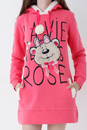 Genç Kız Pembe Ayıcık Desenli Kapüşonlu Sweatshirt Elbise