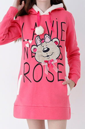 Genç Kız Pembe Ayıcık Desenli Kapüşonlu Sweatshirt Elbise