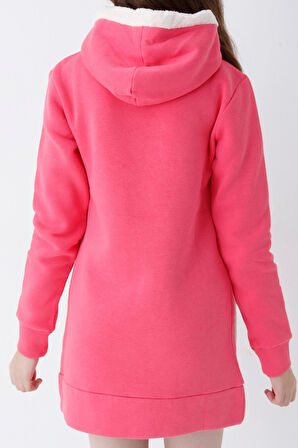 Genç Kız Pembe Ayıcık Desenli Kapüşonlu Sweatshirt Elbise