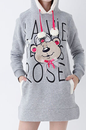 Genç Kız Pembe Ayıcık Desenli Kapüşonlu Sweatshirt Elbise