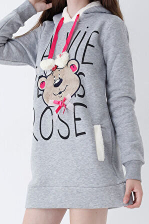 Genç Kız Pembe Ayıcık Desenli Kapüşonlu Sweatshirt Elbise