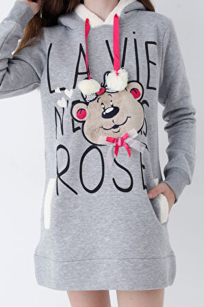 Genç Kız Pembe Ayıcık Desenli Kapüşonlu Sweatshirt Elbise