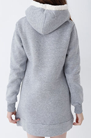 Genç Kız Pembe Ayıcık Desenli Kapüşonlu Sweatshirt Elbise