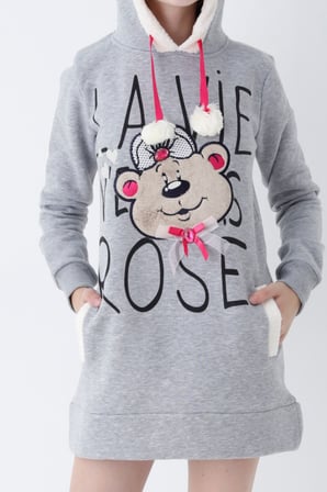 Genç Kız Pembe Ayıcık Desenli Kapüşonlu Sweatshirt Elbise