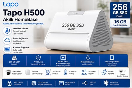 TP-Link Tapo H500-256GB Akıllı HomeBase 16 GB + 256 GB SSD | 16 Kamera, 64 Sensör Destekli | Yüz Tanıma | Isı, Su Baskını, Kapı/Pencere ve Hareket Sensörleri | Akıllı Ev Merkezi