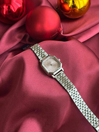Elegant Serisi - Kare Retro Gümüş İçi Açık Pembe Şık Kadın Kol Saati