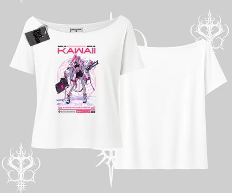 Kayık Yaka Tshirt Kawaii Cyberpunk Kız Japon Stil Baskı