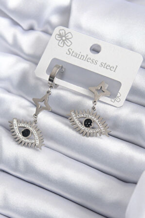 DORAMİRA Göz Model Zirkon Taşlı Gümüş/Silver Renk Kadın Çelik 316L Küpe