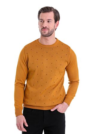 Hardal Desenli Bisiklet Yaka Yünlü Triko Kazak | M