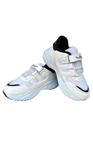 Çocuk Akıllı Bağcık Cırtlı Spor Ayakkabı BEYAZ - SİYAH