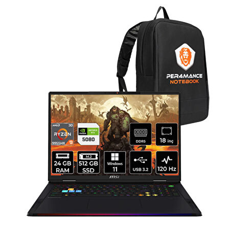 MSI Raider A18 HX R9 9955HX3D 24GB 512GB SSD RTX5080/16GB 175W 18'' UHD+ W11H Gaming Laptop