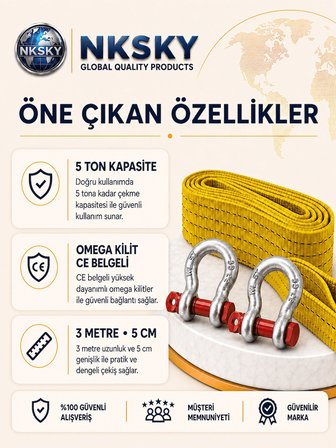 NKSKY 5 Ton Araç Çekme Halatı 3 Metre 5 Cm Genişlik CE Belgeli Omega Kilitli Oto Çeki Halatı