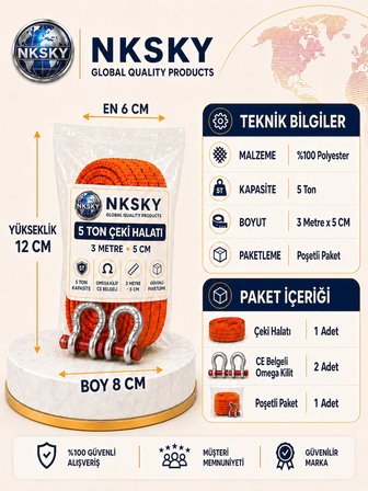 NKSKY 5 Ton CE Belgeli Araç Çekme Halatı 3 Metre 5 cm Genişlik Omega Kilitli Oto Çeki Halatı