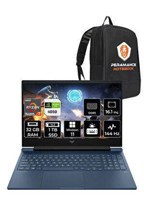 HP Victus 16 R7 7840HS 32GB RAM 1TB SSD RTX4050/6GB 144Hz 16.1'' FHD W11P Gaming Laptop & PER4 ÇANTA