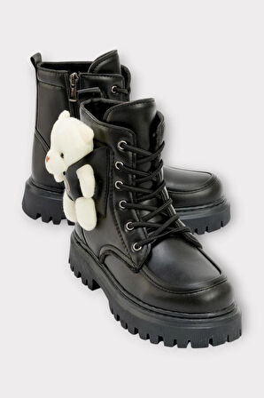 Ortopedik Fermuarlı Ayıcıklı Soğuk Geçirmez Günlük Kız Çocuk Botu SİYAH - BEJ