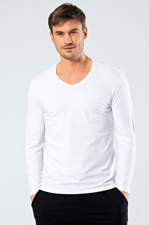 Cacharel Erkek V Yaka Uzun Kollu T-Shirt 1334/Beyaz