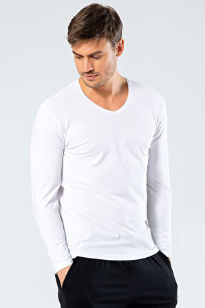 Cacharel Erkek V Yaka Uzun Kollu T-Shirt 1334/Beyaz
