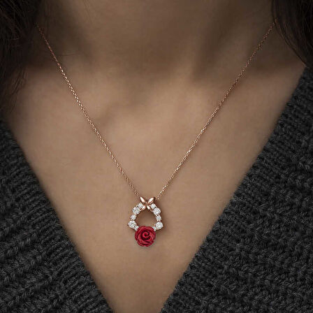 925 Ayar ​​Gümüş Rose Kırmızı Gül Kolye