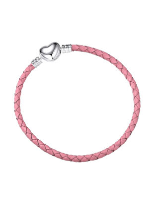 Pembe Kalp Klips Suni Deri Charm Bileklik