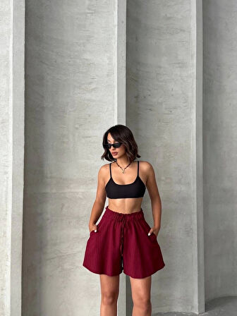 Volanlı keten şort bordo s255058