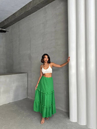 Fırfırlı brodeli astarlı uzun etek yeşil s255047