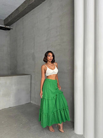 Fırfırlı brodeli astarlı uzun etek yeşil s255047