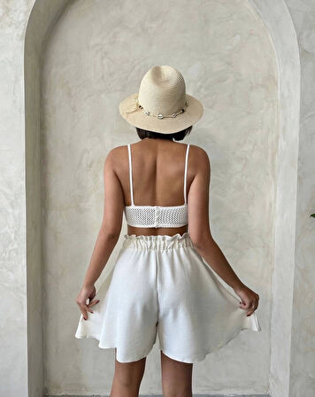 Volanlı keten şort bej s255058