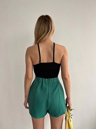 Çift yırtmaçlı atlas şort etek yeşil s240364