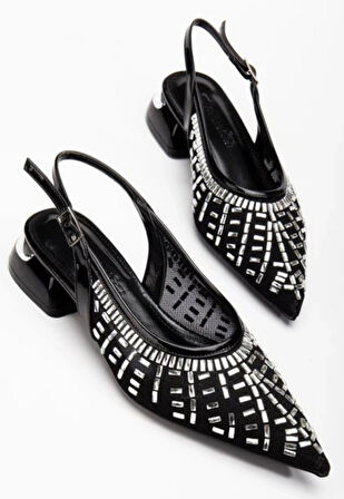 Piyar Siyah Taşlı Topuklu Ayakkabı