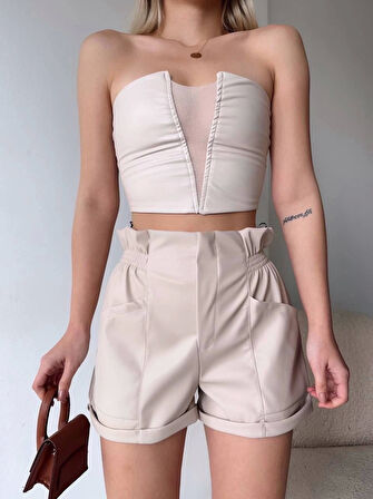 Tüllü deri crop bej w24615