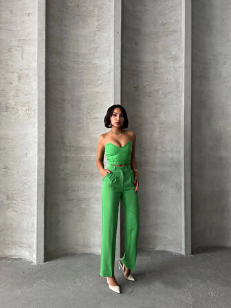 Palazzo pantolonlu alt üst takım yeşil