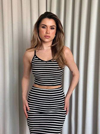 Çizgili etek crop takım